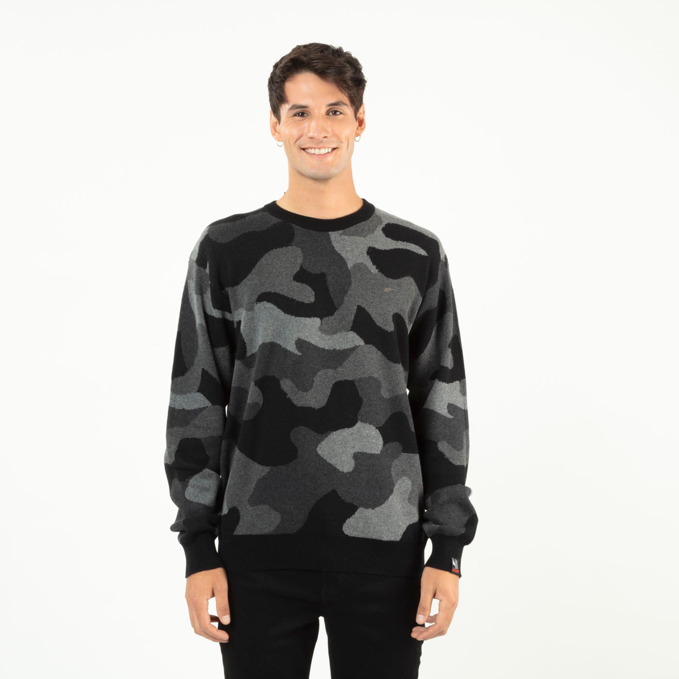 Crew Neck Jacquard Camo Oversize Sweater Negro MASCULINO